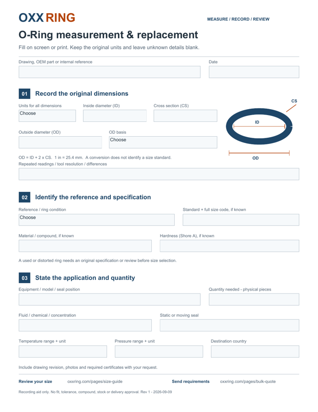 OXXRING worksheet for recording ID, cross section and service notes