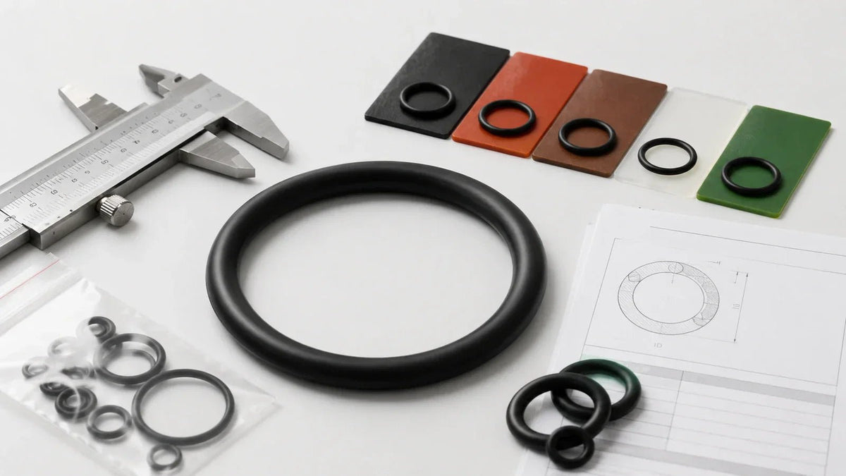 O-ring buying guide with caliper, material swatches, sample pack, and specification sheet