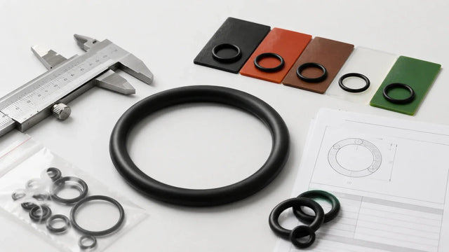 O-ring buying guide with caliper, material swatches, sample pack, and specification sheet