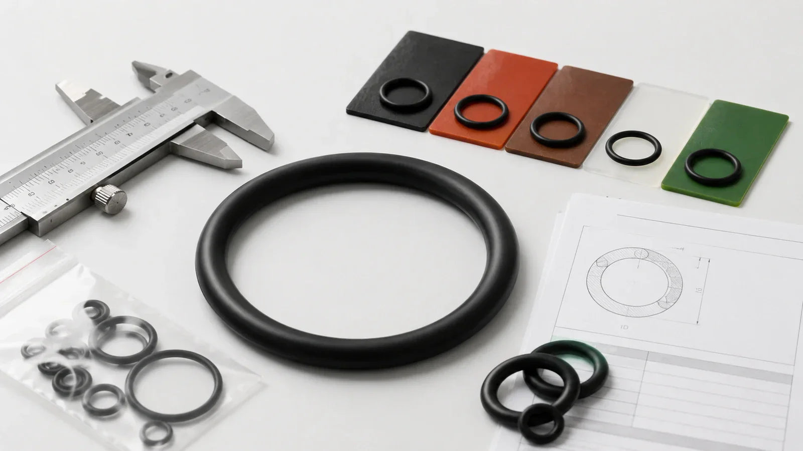 O-ring buying guide with caliper, material swatches, sample pack, and specification sheet