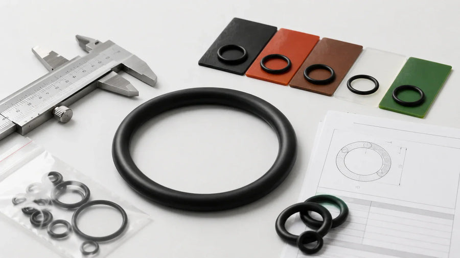 O-ring buying guide with caliper, material swatches, sample pack, and specification sheet