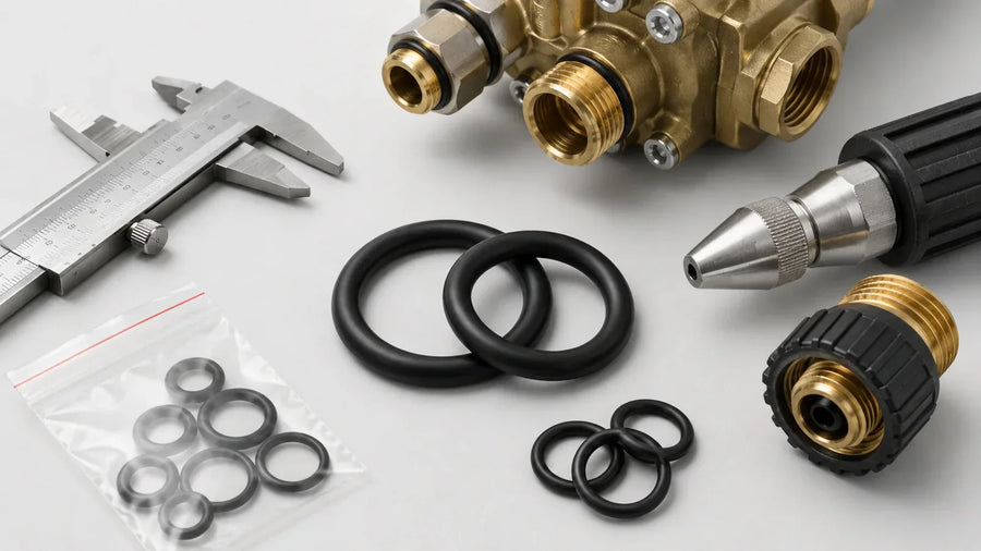 High-temperature O-rings in different materials with caliper and heat source