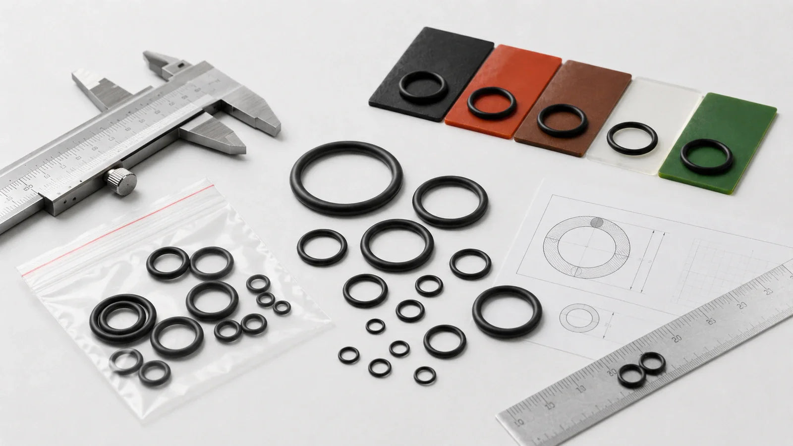 Assorted O-rings with caliper, technical drawing, and material swatches for repair selection