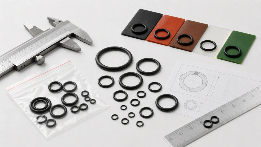 Assorted O-rings with caliper, technical drawing, and material swatches for repair selection