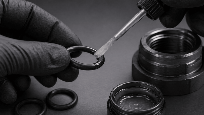O-ring chemical compatibility guide with material samples, fluid exposure, and industrial sealing applications