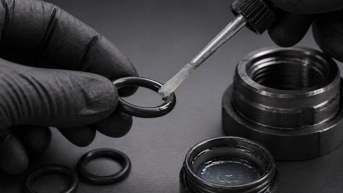 O-ring chemical compatibility guide with material samples, fluid exposure, and industrial sealing applications