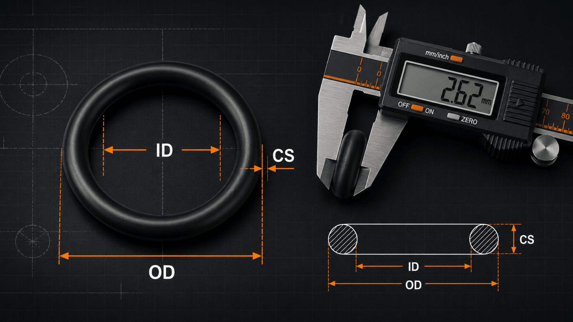 O-ring measurement diagram showing inner diameter, cross section, and outer diameter with a digital caliper