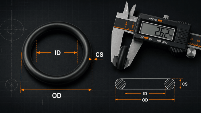 O-ring measurement diagram showing inner diameter, cross section, and outer diameter with a digital caliper