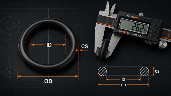 O-ring measurement diagram showing inner diameter, cross section, and outer diameter with a digital caliper