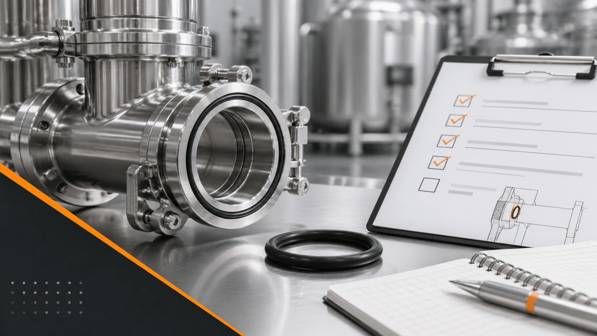 Food grade and FDA O-ring checklist with stainless processing equipment and seal inspection