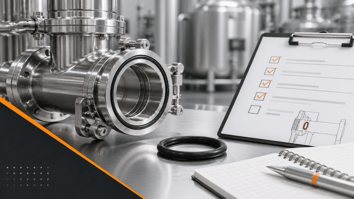 Food grade and FDA O-ring checklist with stainless processing equipment and seal inspection