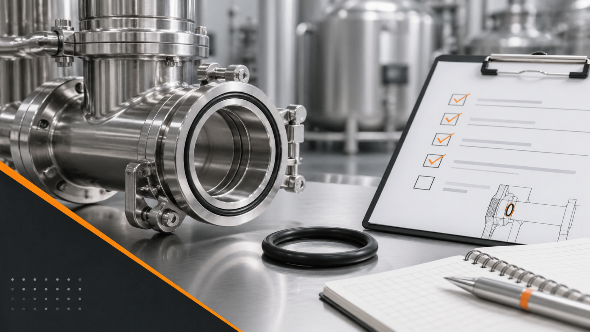 Food grade and FDA O-ring checklist with stainless processing equipment and seal inspection