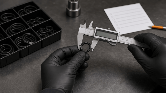 Gloved hands measuring an O-ring with a caliper on an industrial workbench