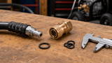 Pressure washer hose connector, quick-connect coupler, O-rings, and caliper on a repair workbench