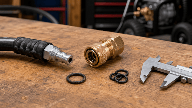 Pressure washer hose connector, quick-connect coupler, O-rings, and caliper on a repair workbench