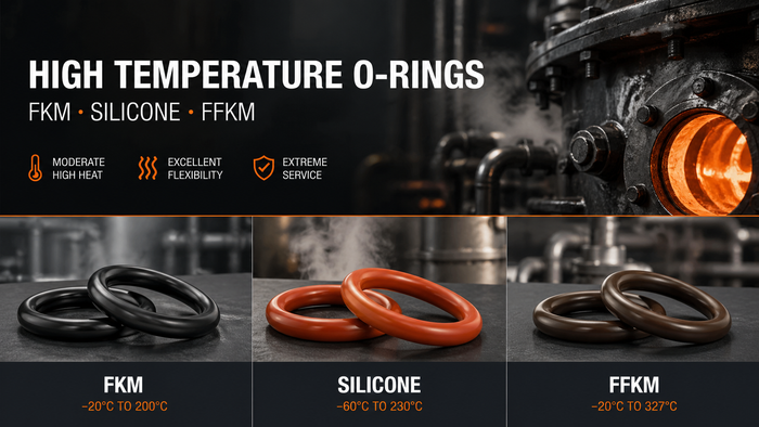 High temperature O-rings comparison showing FKM Silicone and FFKM options for heat resistant sealing applications