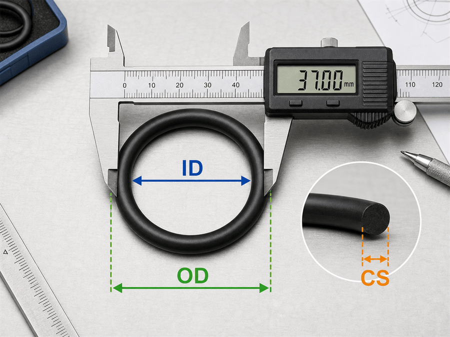 O-ring measurement guide showing ID, OD, and cross section with caliper