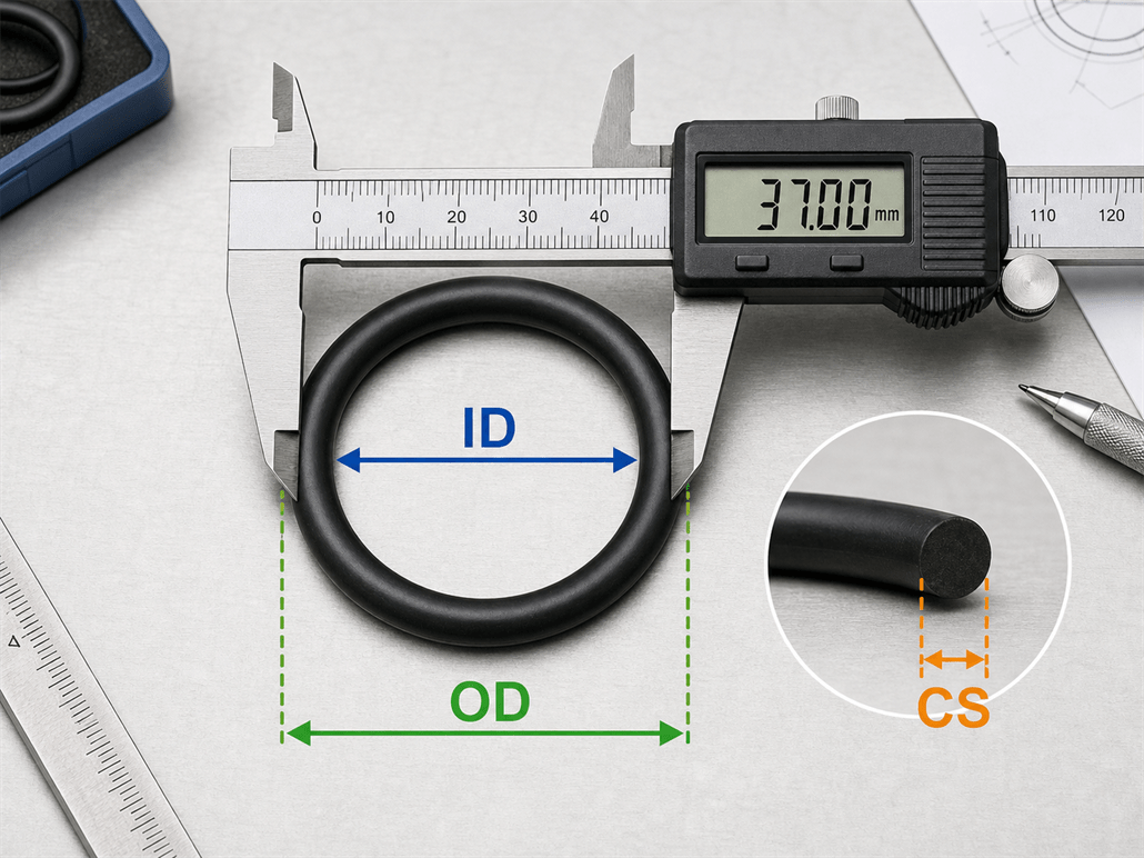 O-ring measurement guide showing ID, OD, and cross section with caliper