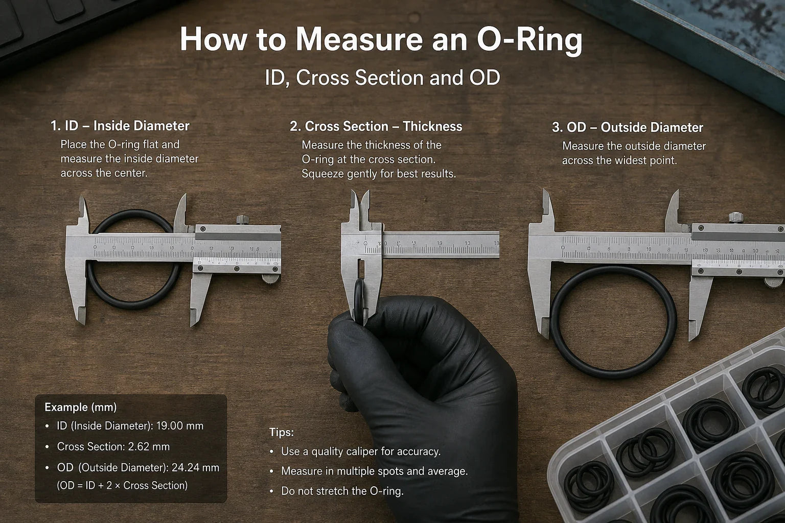 Realistic teaching visual for how to measure an o-ring