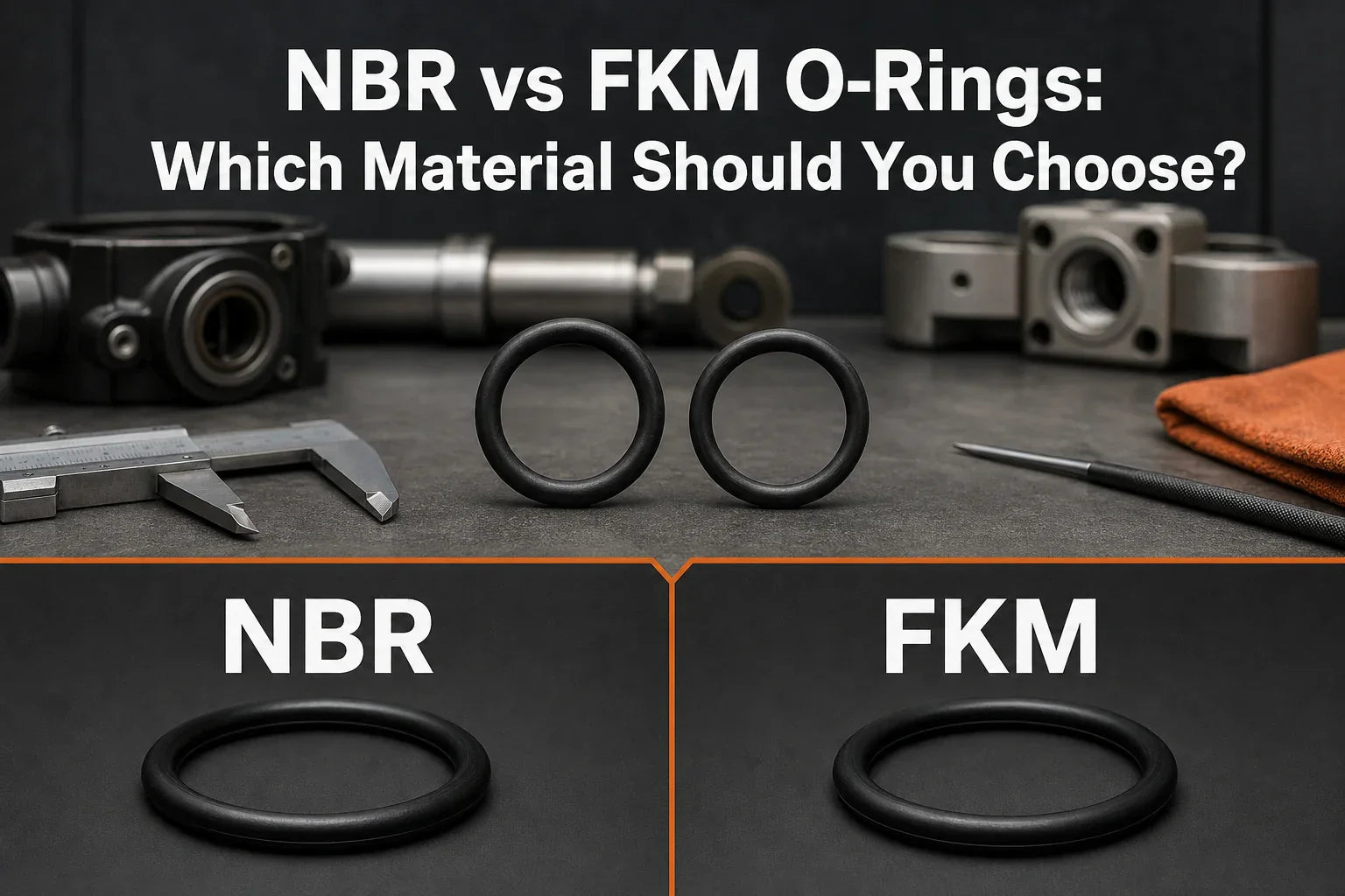Industrial hero visual comparing NBR and FKM O-rings for a practical material-selection decision.