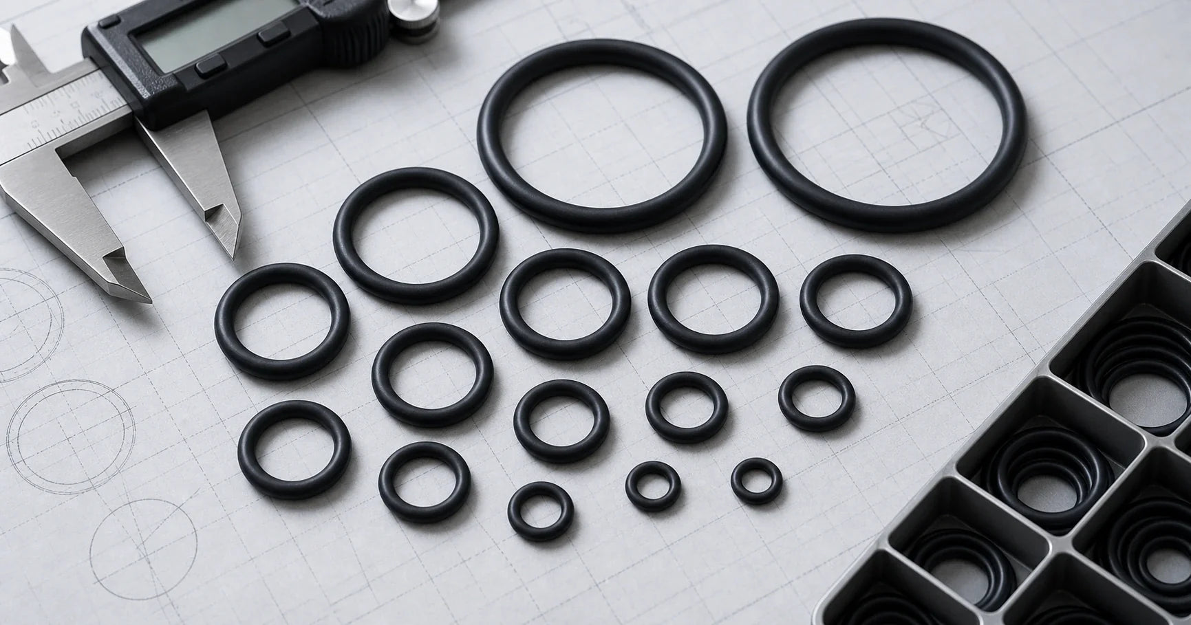Industrial catalog-style AS568 O-ring size reference concept with assorted black O-rings