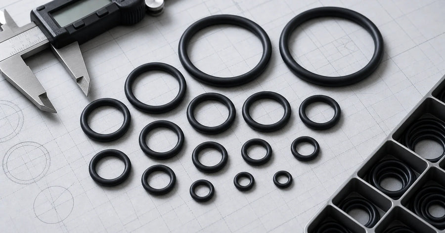 Industrial catalog-style AS568 O-ring size reference concept with assorted black O-rings