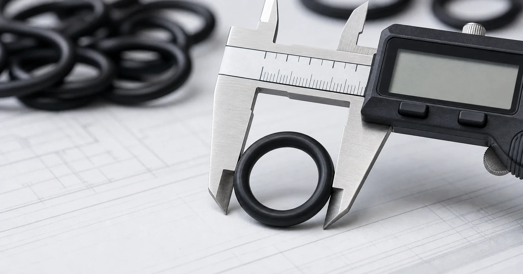 Macro industrial photo-style image of a black metric O-ring in a caliper measurement setup