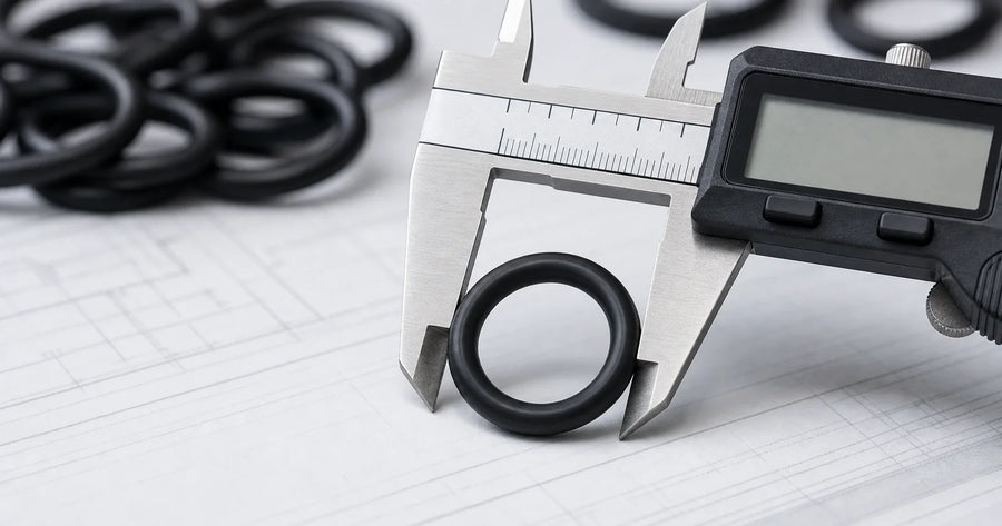 Macro industrial photo-style image of a black metric O-ring in a caliper measurement setup