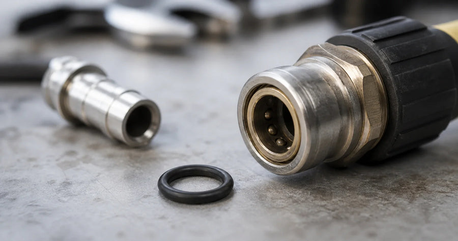 Realistic close-up of a pressure washer quick-connect fitting with a small black O-ring nearby