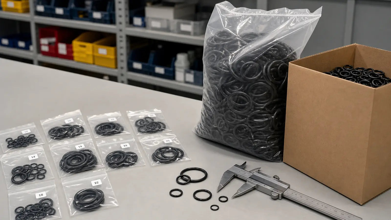 Small clear packs of O-rings beside bulk O-ring packaging on an industrial workbench.