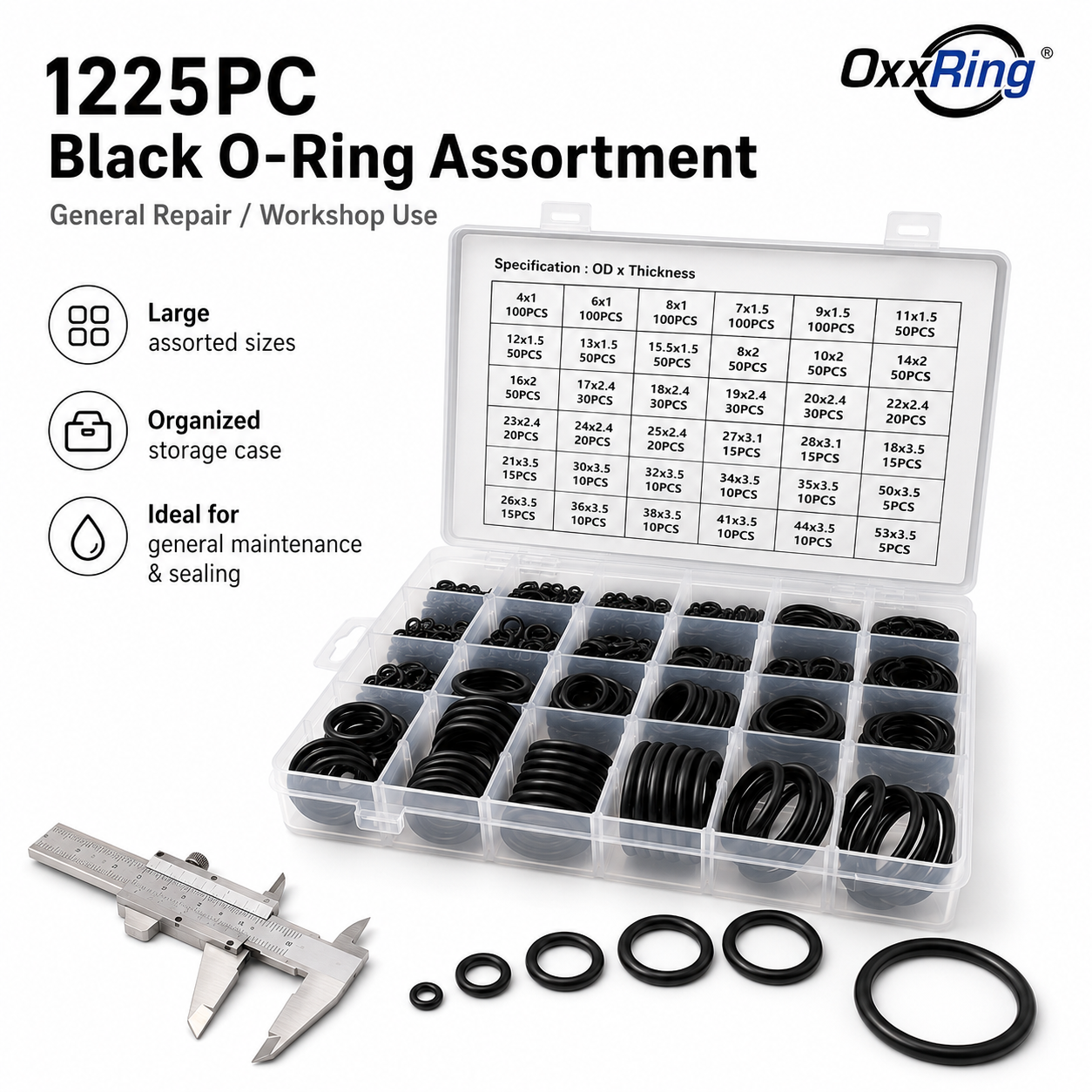 1225PC black O-ring assortment in organizer case
