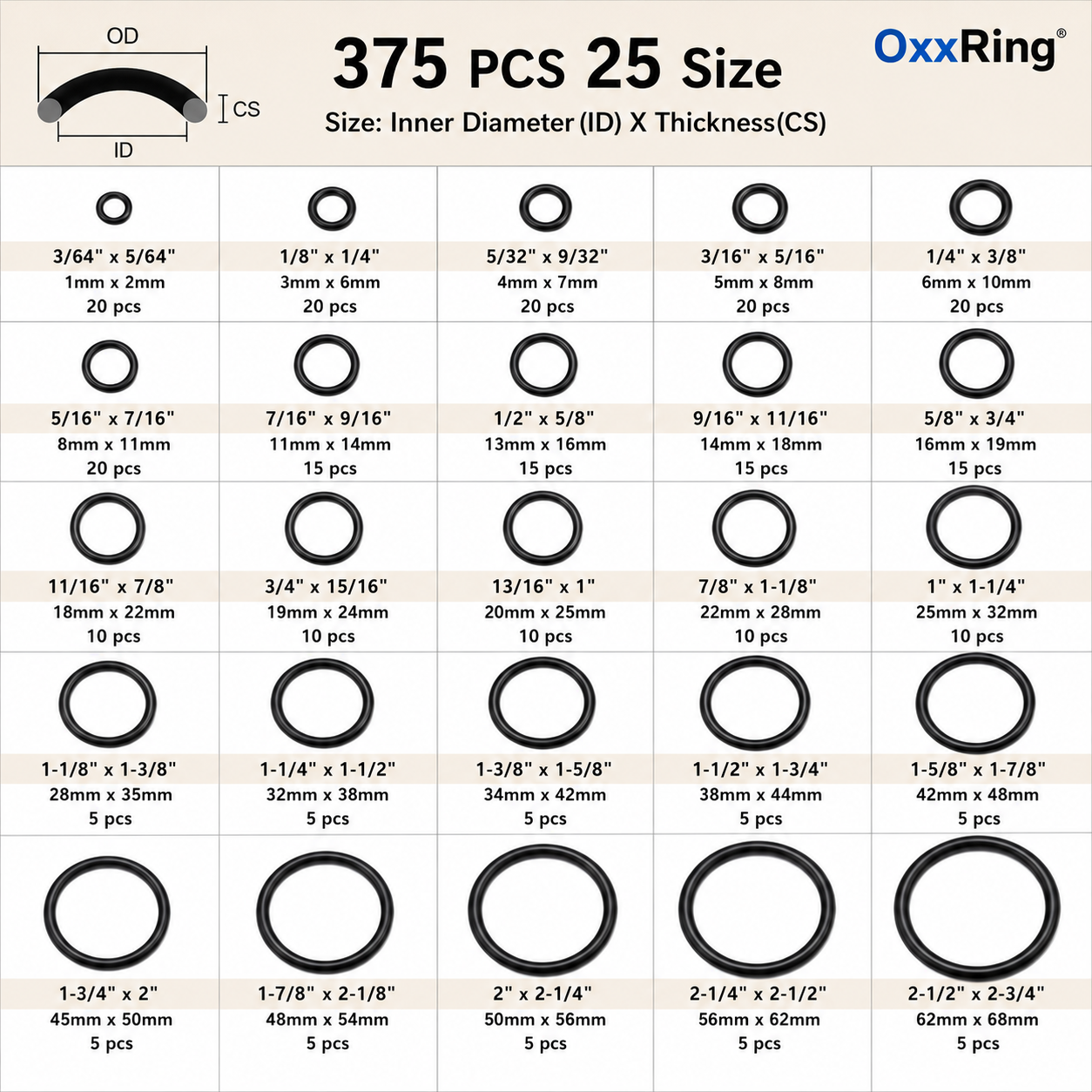 375PC O-ring repair kit size chart reference