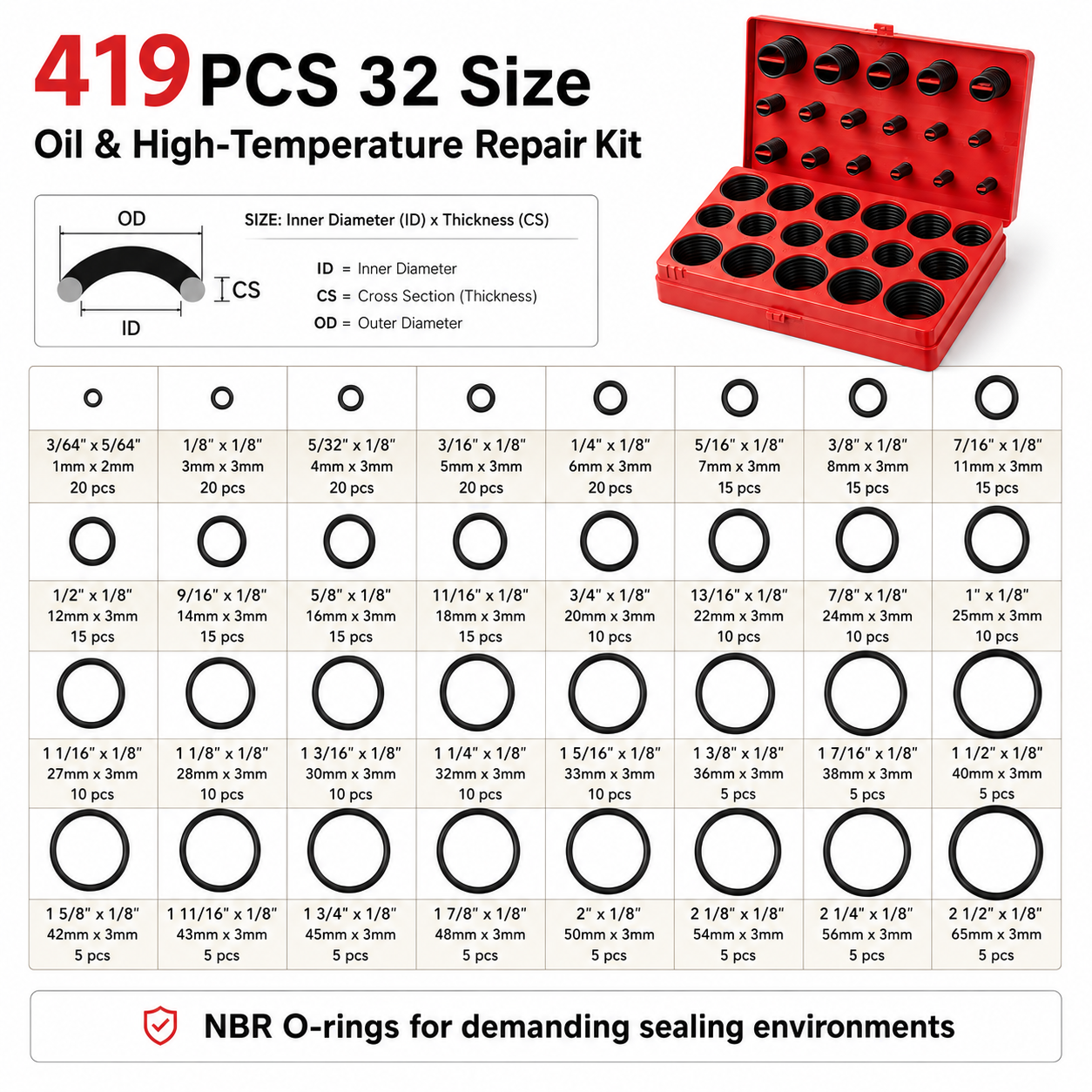 419PC O-ring assortment size chart reference