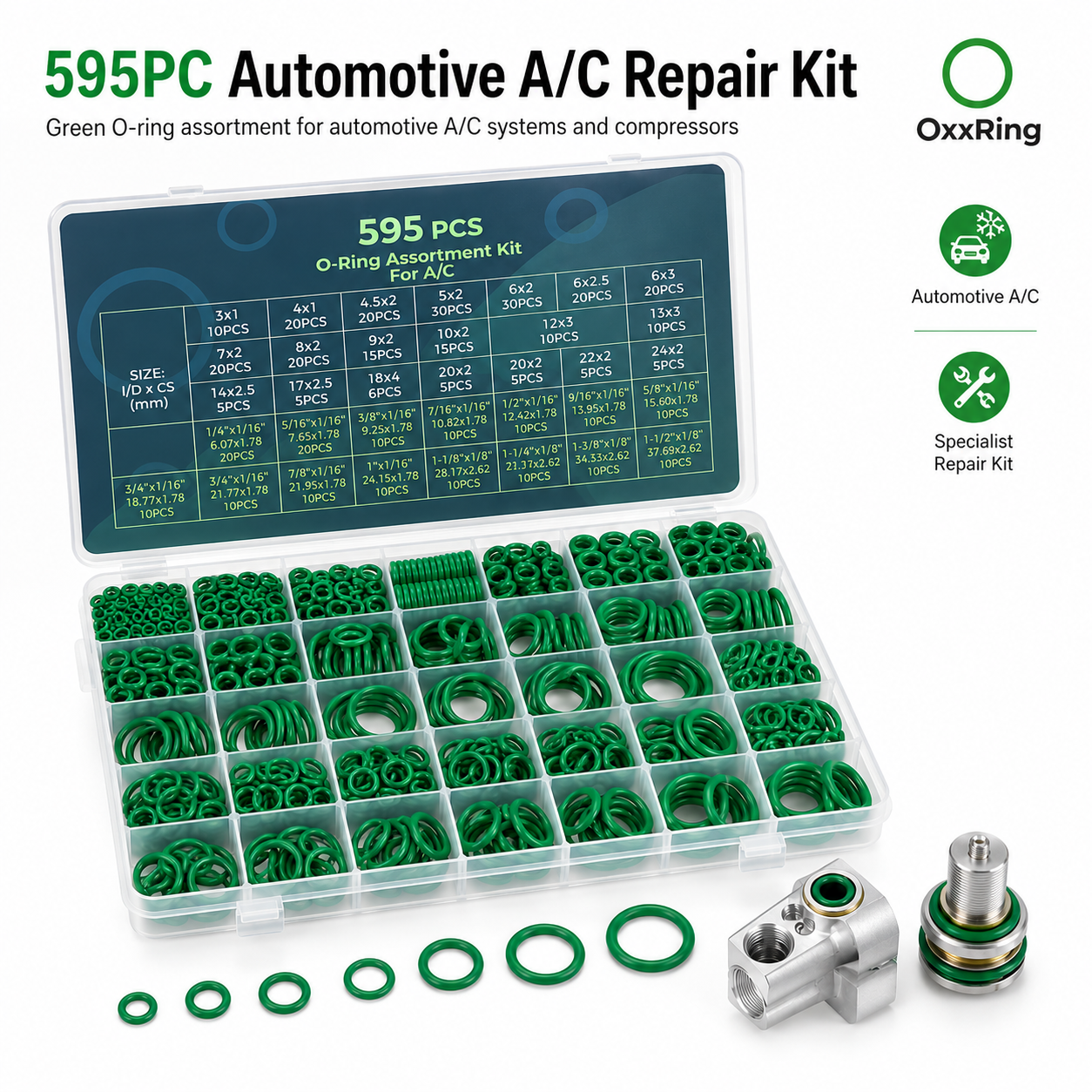 595PC green O-ring assortment in organizer case