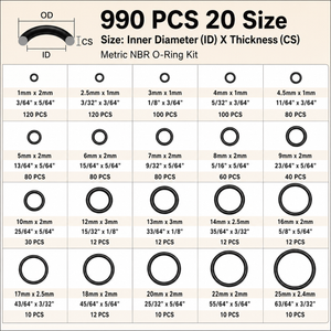 990PC O-ring assortment size chart reference