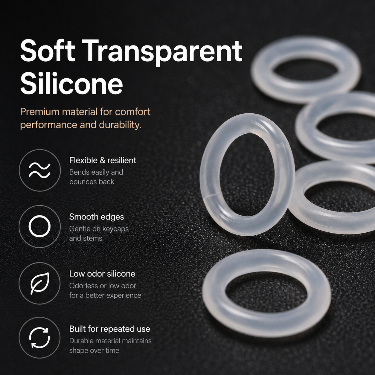 Soft transparent silicone keyboard O-rings close-up