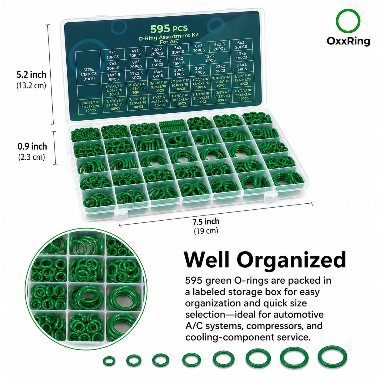 595PC green O-ring assortment size chart reference