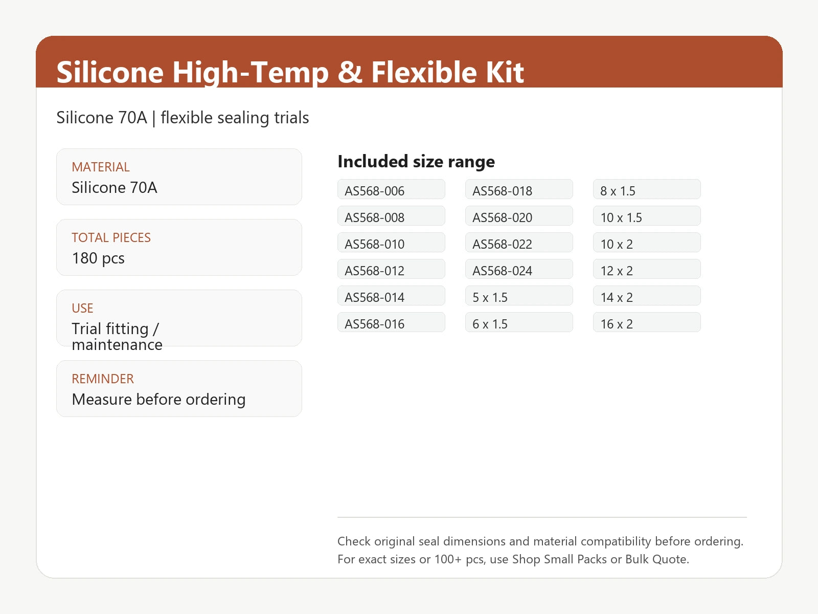 Silicone High-Temp & Flexible O-Ring Kit size range and material information