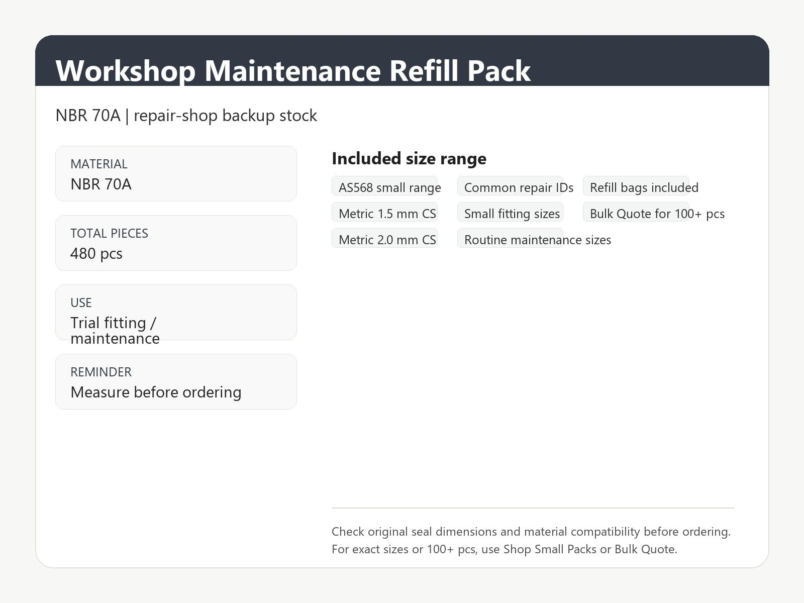 Workshop Maintenance O-Ring Refill Pack - NBR 70A size range and material information