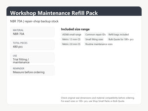 Workshop Maintenance O-Ring Refill Pack - NBR 70A size range and material information